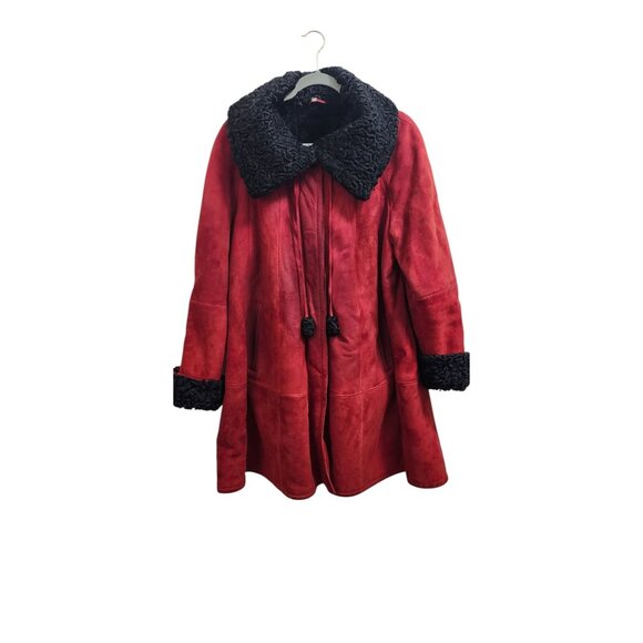 Vintage Red Suede Coat with Black Fur Trim Women’s Winter Jacket Size 40 - Picture 6 of 16